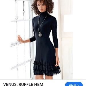 VENUS Black Bodycon Ruffled Knee-Length Dress with Long Sleeves